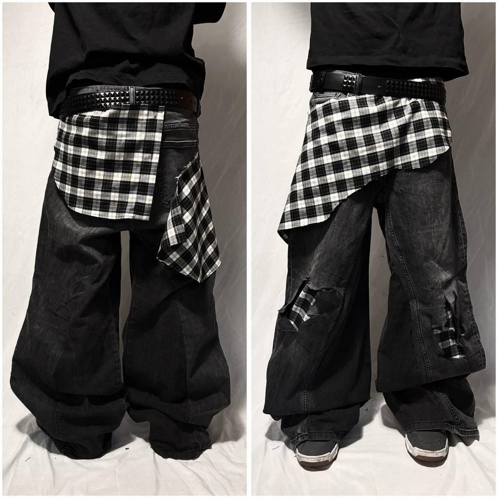 Ręcznie robione czarne dżinsy typu baggy z łatką w kratę: punk gotycki grunge z roku 2000