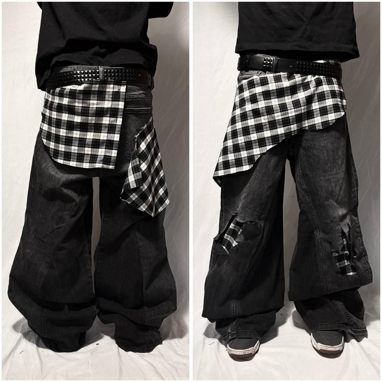 Ręcznie robione czarne dżinsy typu baggy z łatką w kratę: punk gotycki grunge z roku 2000