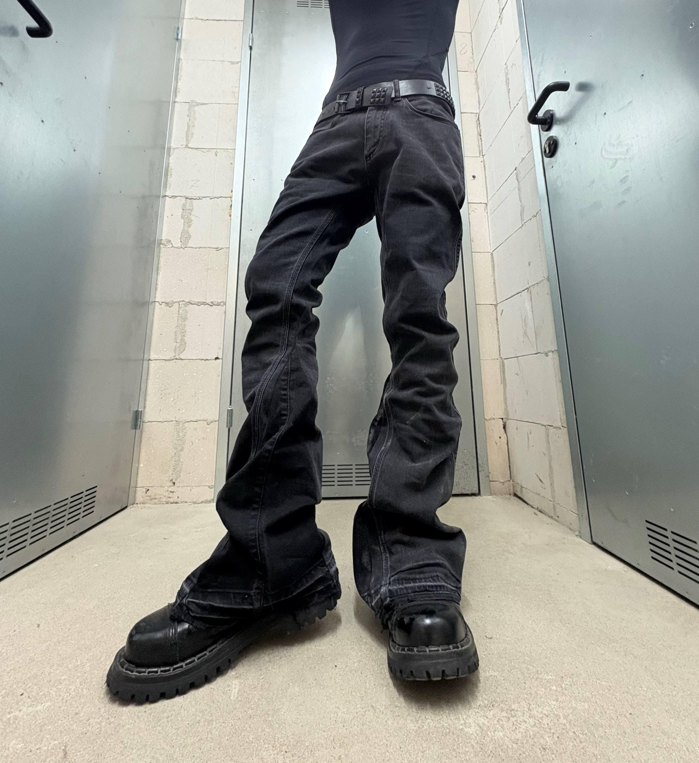 Czarne, rozszerzane, luźne, ręcznie robione jeansy: Y2K Goth Punk Streetwear