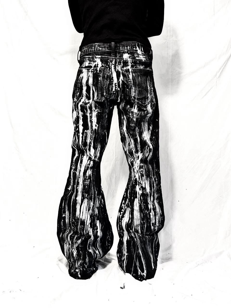 Malowane ręcznie czarne jeansy z szerokimi nogawkami – spodnie baggy streetwear w stylu grunge punk goth