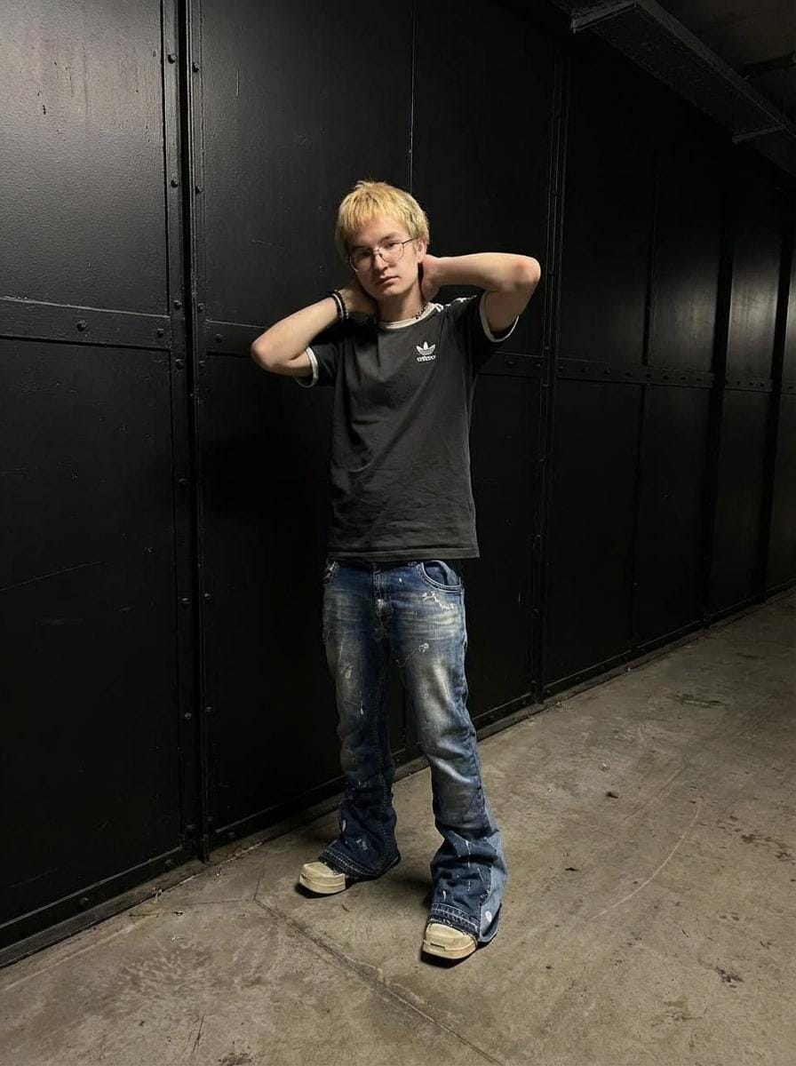 Jasnoniebieskie, spersonalizowane spodnie z szerokimi nogawkami: ręcznie robiony denim w stylu grunge