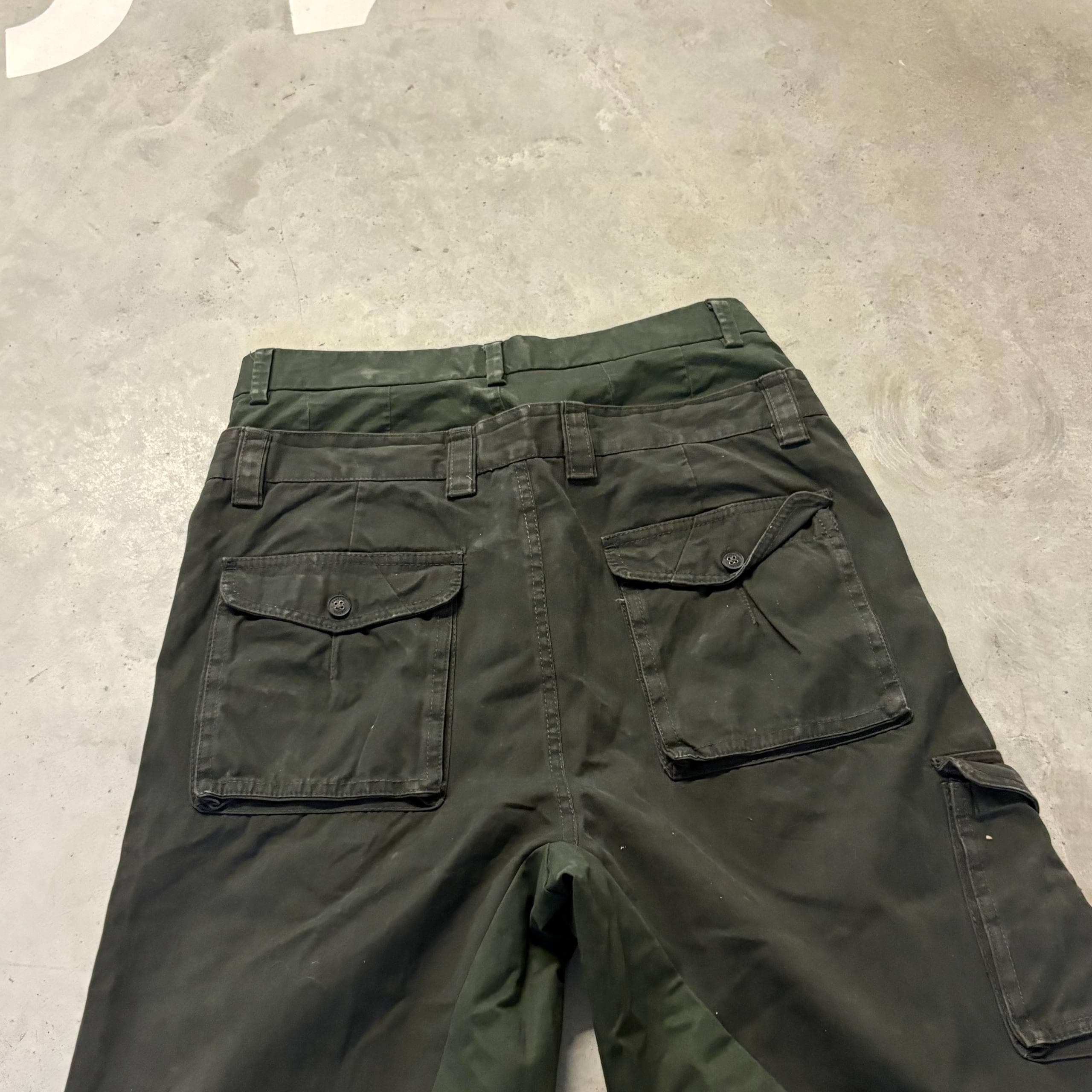 Ciemnozielone szerokie spodnie cargo z podwójnym stanem – ręcznie robione, workowate, Y2K Techwear