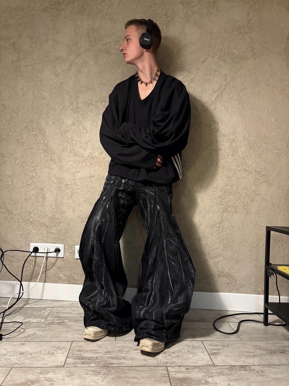 Ręcznie robione czarne spodnie Baggy: Punk Goth Cyber Y2K Streetwear