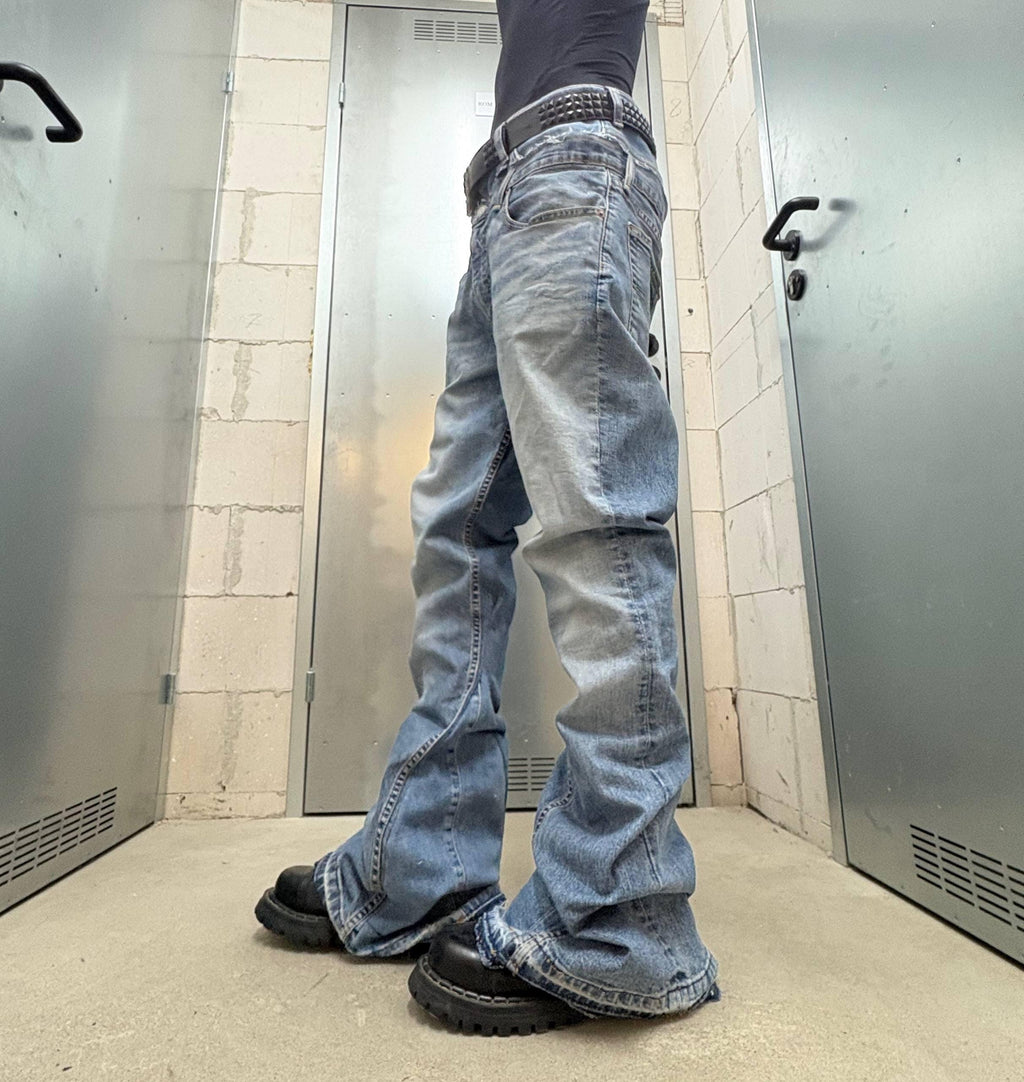 Ręcznie robione niebieskie jeansy z szerokimi nogawkami: Y2K Goth Punk Alt Streetwear