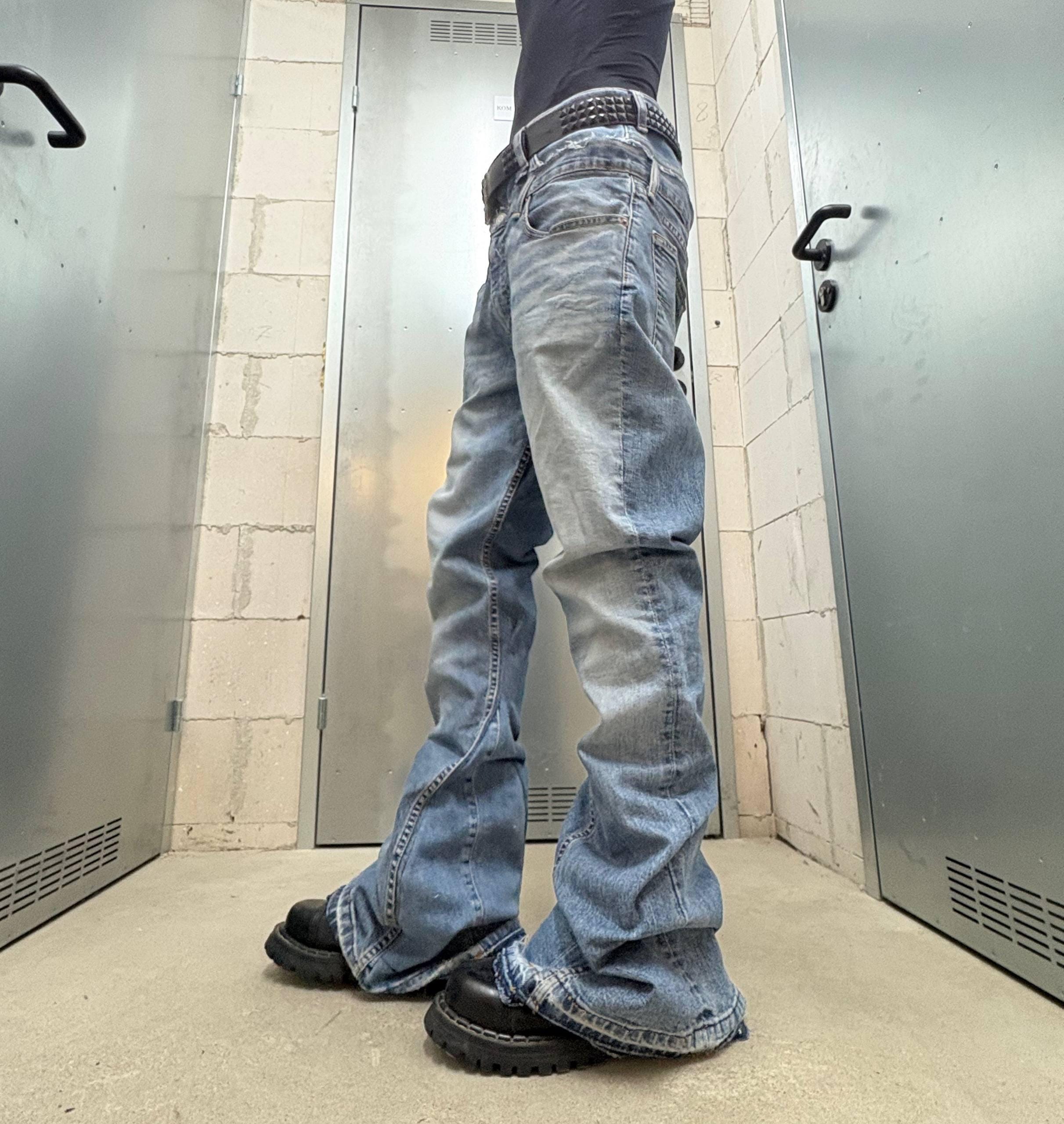 Ręcznie robione niebieskie jeansy z szerokimi nogawkami: Y2K Goth Punk Alt Streetwear