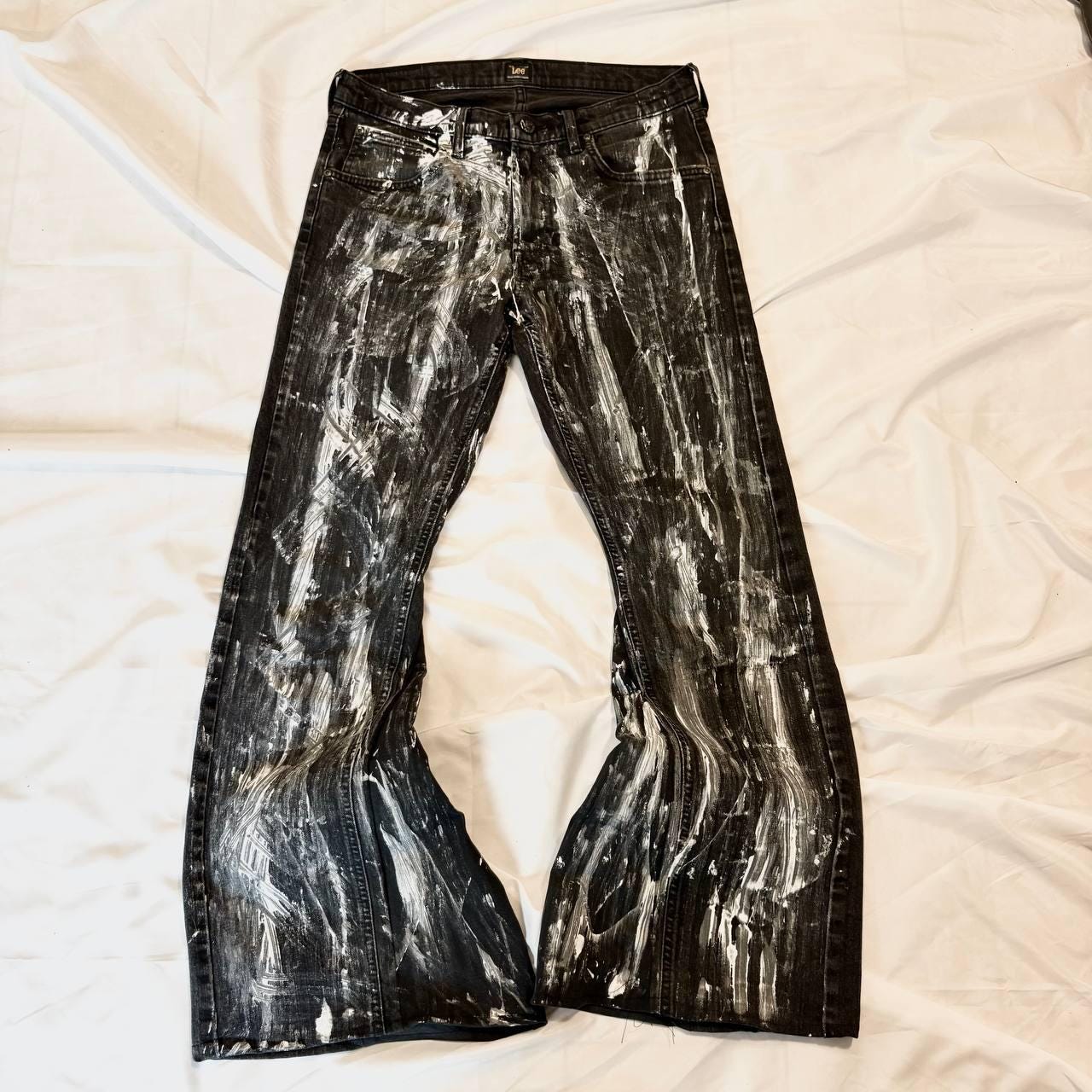 Malowane ręcznie czarne jeansy z szerokimi nogawkami – spodnie baggy streetwear w stylu grunge punk goth