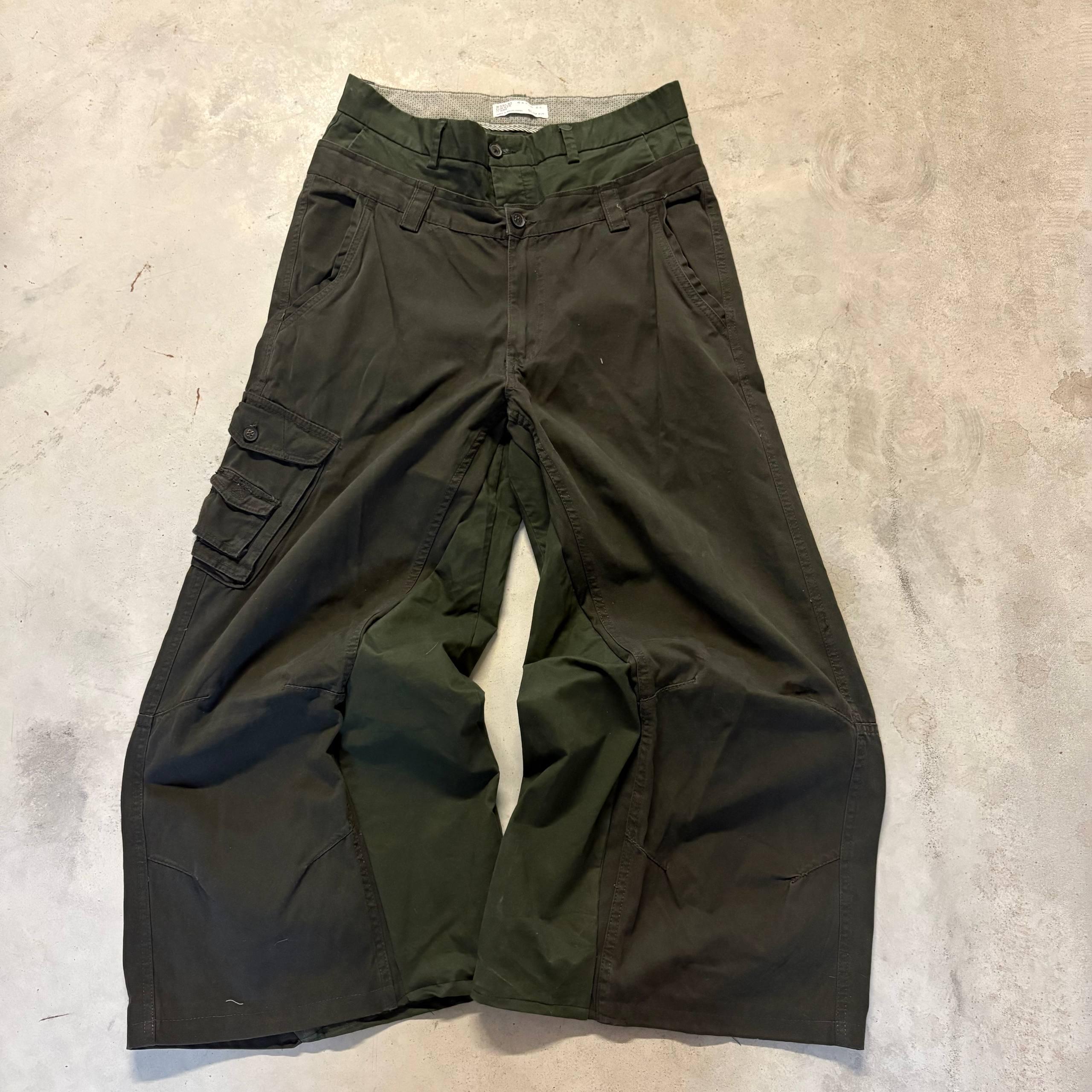 Ciemnozielone szerokie spodnie cargo z podwójnym stanem – ręcznie robione, workowate, Y2K Techwear