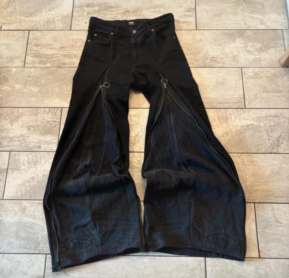 Ręcznie robione czarne spodnie z szerokimi nogawkami i suwakiem: Goth Punk Y2K Streetwear