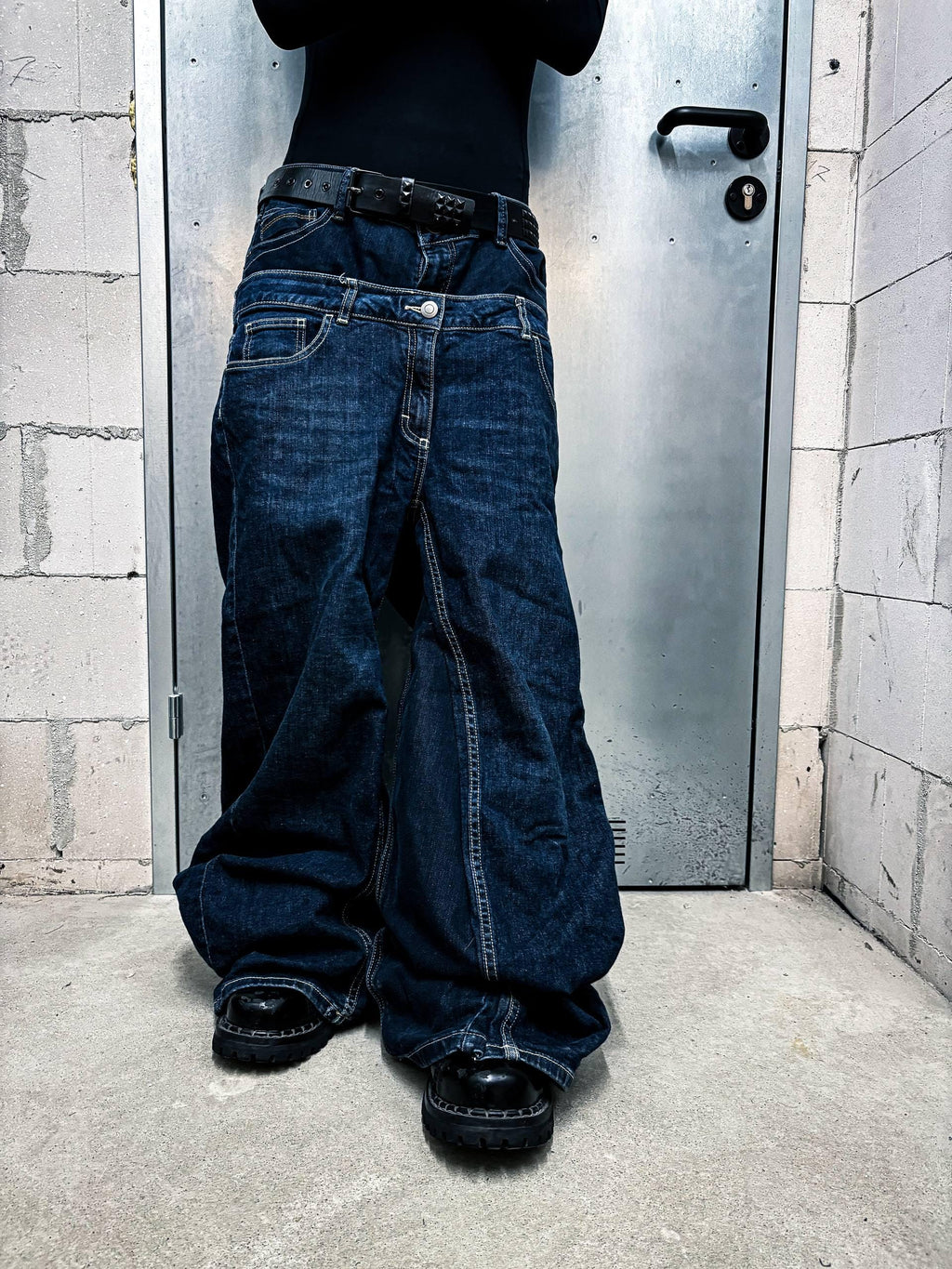 Niebieskie, szerokie, ręcznie robione jeansy: Y2K Goth Punk Alt Streetwear