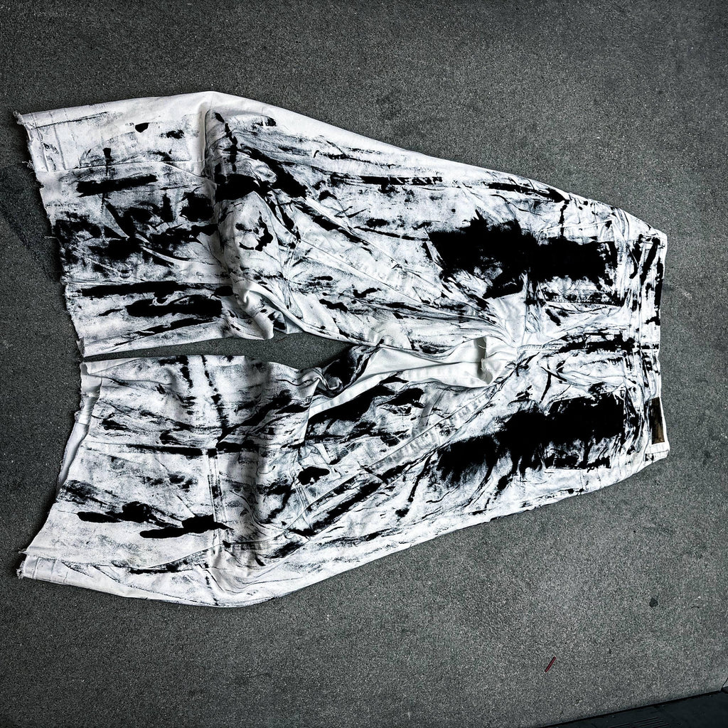 Białe jeansy z szerokimi nogawkami, ręcznie robione: Grunge Goth Y2K