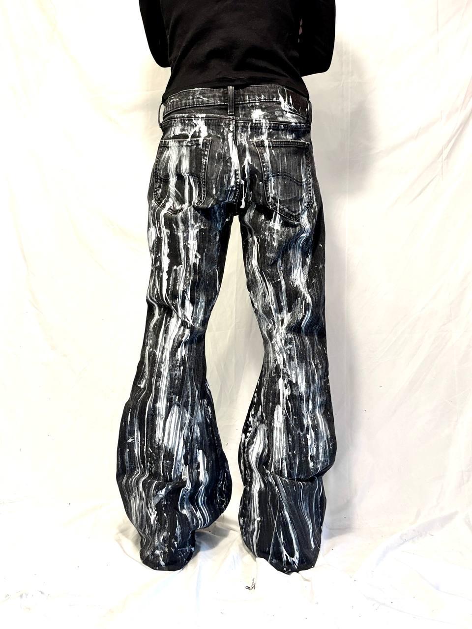 Malowane ręcznie czarne jeansy z szerokimi nogawkami – spodnie baggy streetwear w stylu grunge punk goth