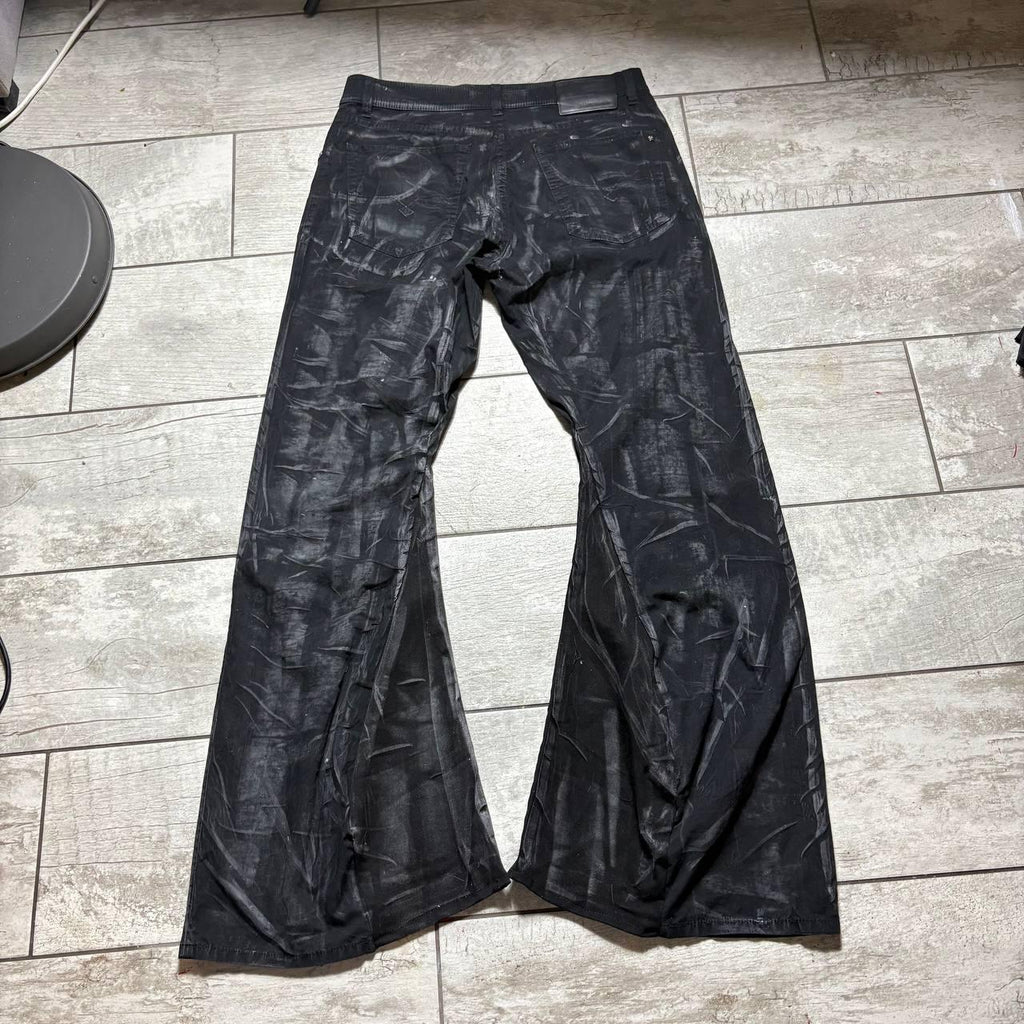 Ręcznie robione czarne, woskowane, rozszerzane jeansy: Y2K Goth Punk Alt Streetwear