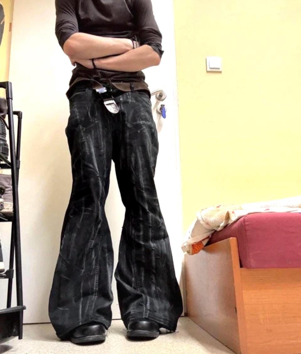 Ręcznie robione woskowane czarne jeansy dzwony: Goth Punk Y2K Streetwear