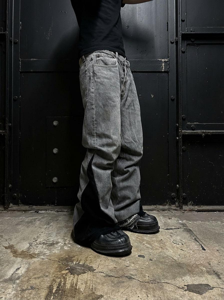 Jeansy Bootcut w kolorze szarym, dzwony, ręcznie robione: Y2K Goth Punk Grunge