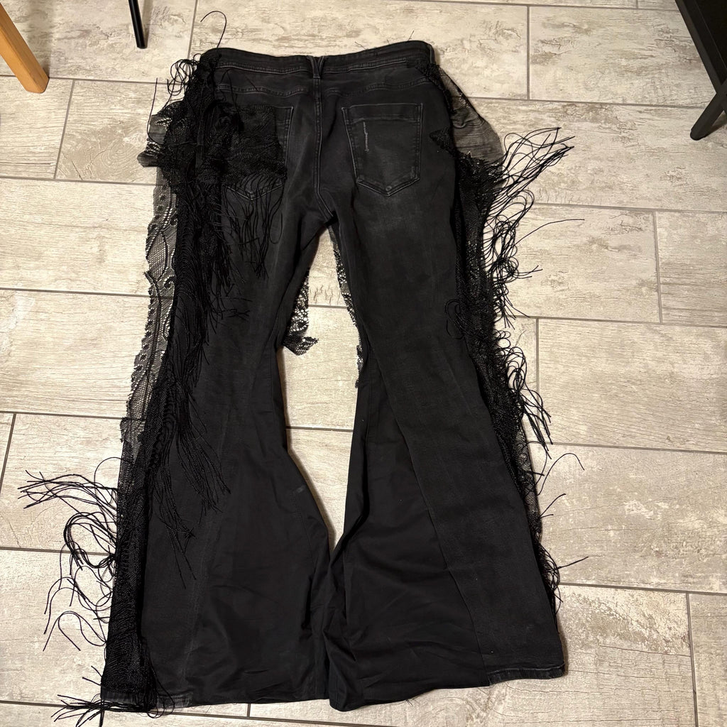 Czarne, szerokie spodnie z nogawkami – ręcznie robione, grunge'owe dżinsy typu baggy flare w stylu Y2K, alternatywa dla streetwearu