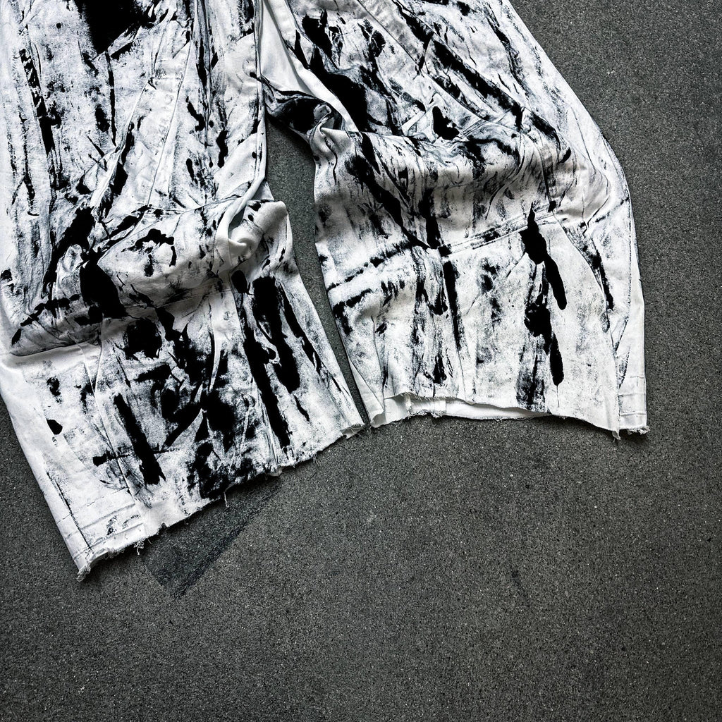 Białe jeansy z szerokimi nogawkami, ręcznie robione: Grunge Goth Y2K