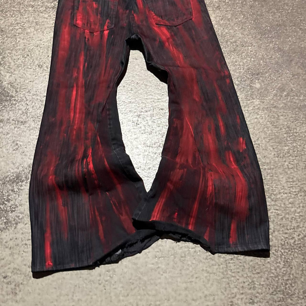 Czarno-czerwone, rozszerzane, ręcznie robione jeansy: Y2K Goth Punk Alt Streetwear