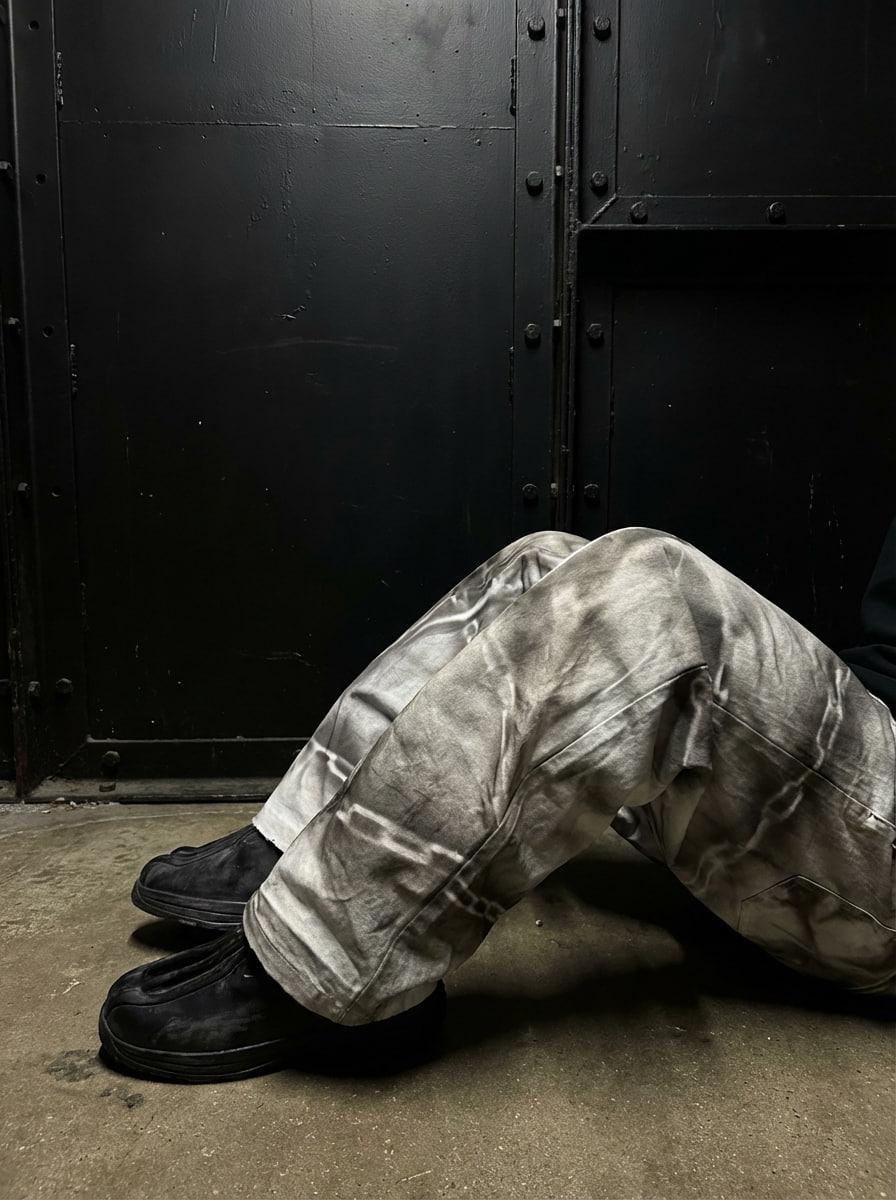 Białe, szerokie, wzorzyste jeansy – ręcznie robione spodnie w stylu gotyckim i grunge z lat 2000