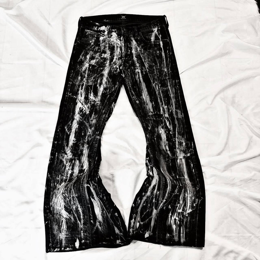 Malowane ręcznie czarne jeansy z szerokimi nogawkami – spodnie baggy streetwear w stylu grunge punk goth