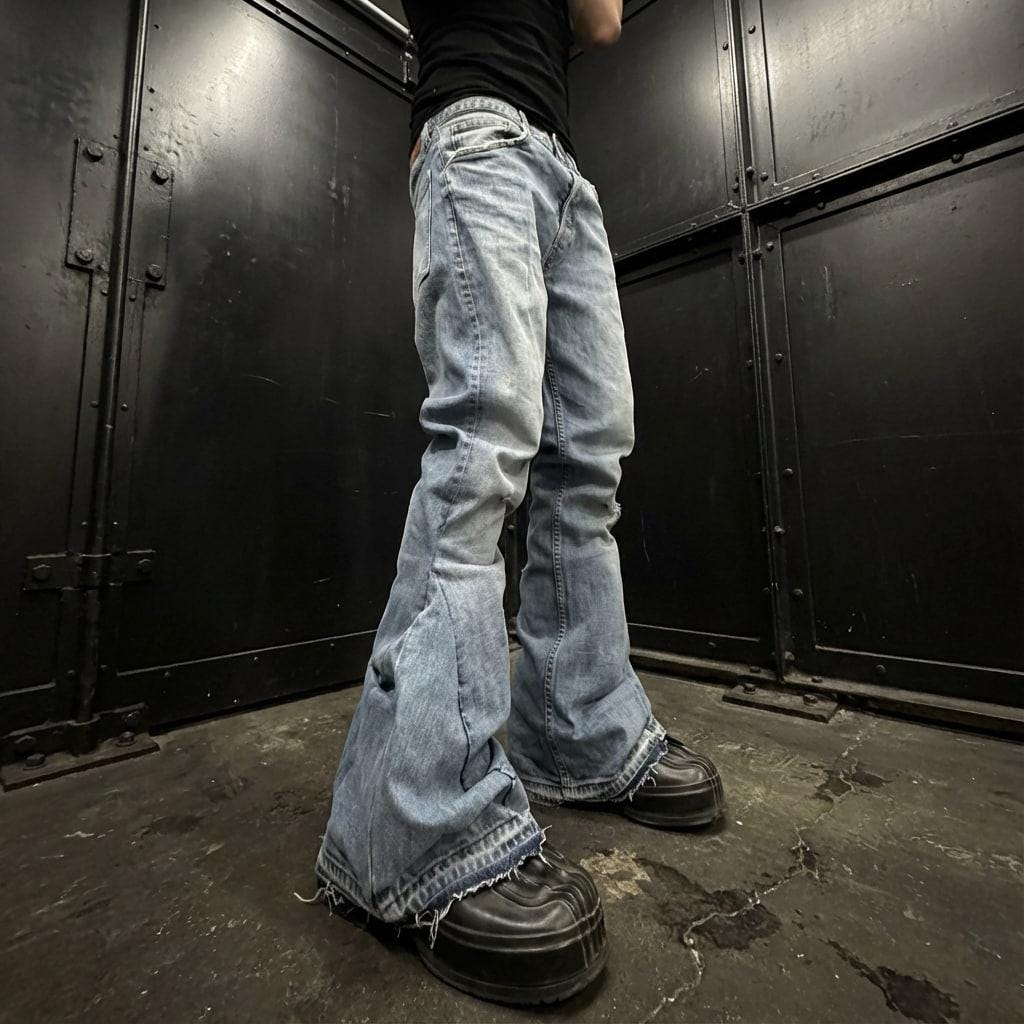 Jasnoniebieskie, spersonalizowane spodnie z szerokimi nogawkami: ręcznie robiony denim w stylu grunge