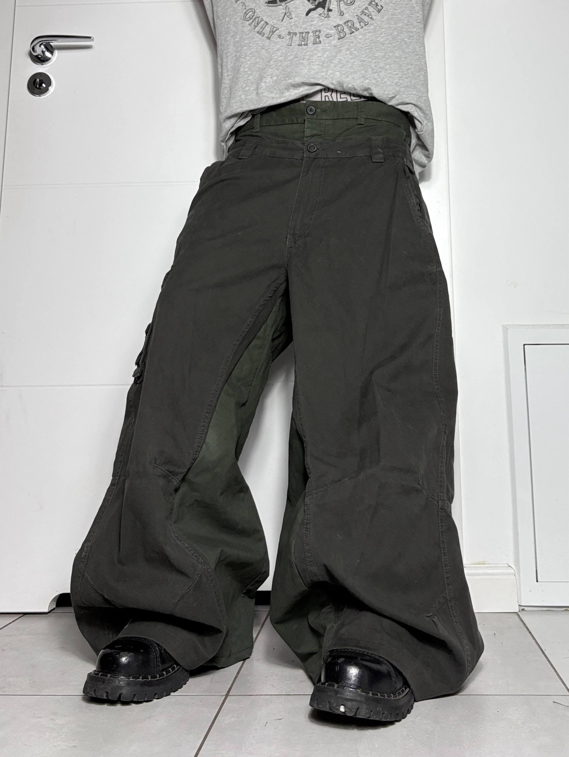 Ciemnozielone szerokie spodnie cargo z podwójnym stanem – ręcznie robione, workowate, Y2K Techwear