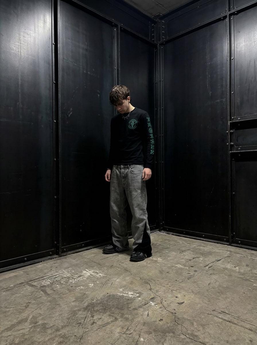 Jeansy Bootcut w kolorze szarym, dzwony, ręcznie robione: Y2K Goth Punk Grunge