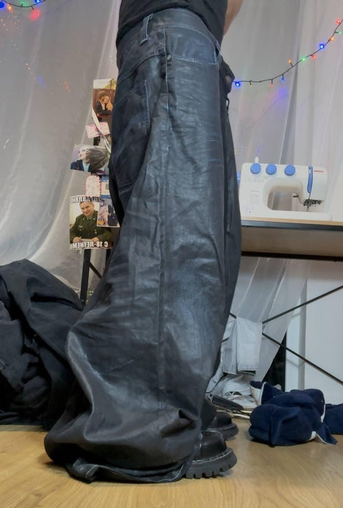 Czarne, luźne jeansy, ręcznie robione: Y2K Goth Punk Streetwear