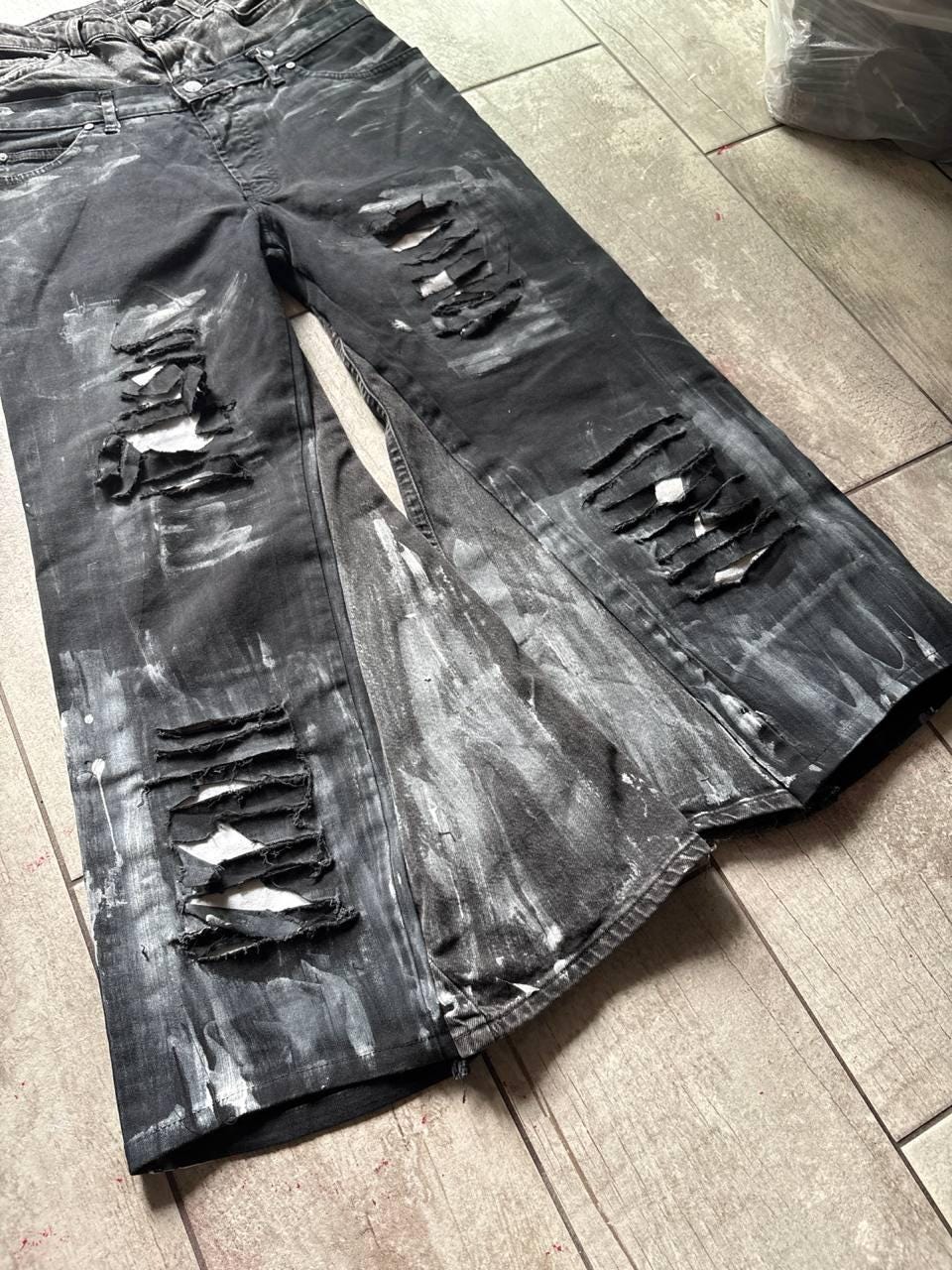 Czarne, postarzane jeansy robocze – szerokie, w stylu grunge | Podarte jeansy streetwear punk gotyk Y2K