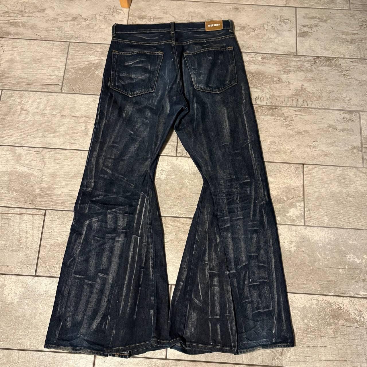 Ręcznie robione granatowe woskowane spodnie z szerokimi nogawkami – spodnie w stylu grunge gotycki punk baggy flared streetwear z roku 2000