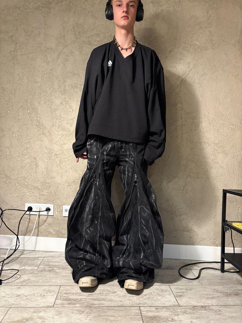 Ręcznie robione czarne spodnie baggy: Punk Goth Cyber Y2K z podwójnym paskiem