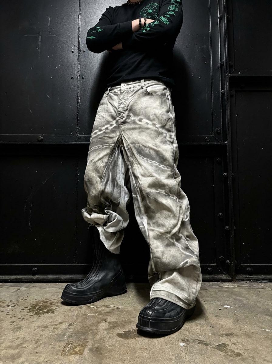 Białe, szerokie, wzorzyste jeansy – ręcznie robione spodnie w stylu gotyckim i grunge z lat 2000