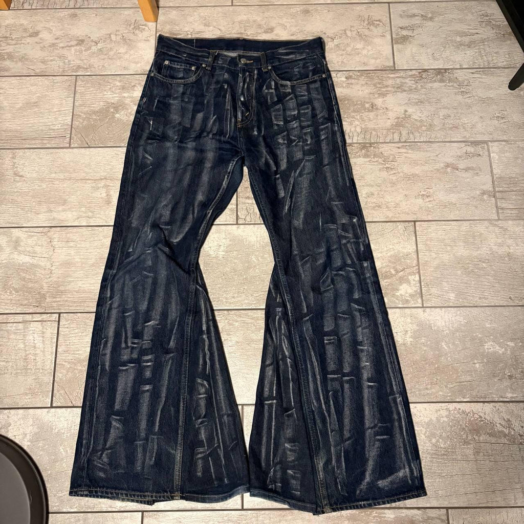 Ręcznie robione granatowe woskowane spodnie z szerokimi nogawkami – spodnie w stylu grunge gotycki punk baggy flared streetwear z roku 2000