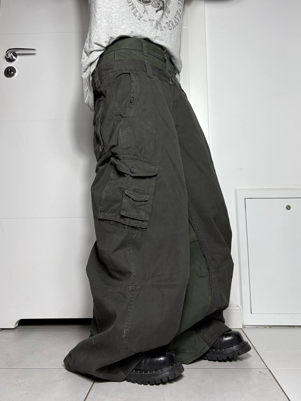 Ciemnozielone szerokie spodnie cargo z podwójnym stanem – ręcznie robione, workowate, Y2K Techwear