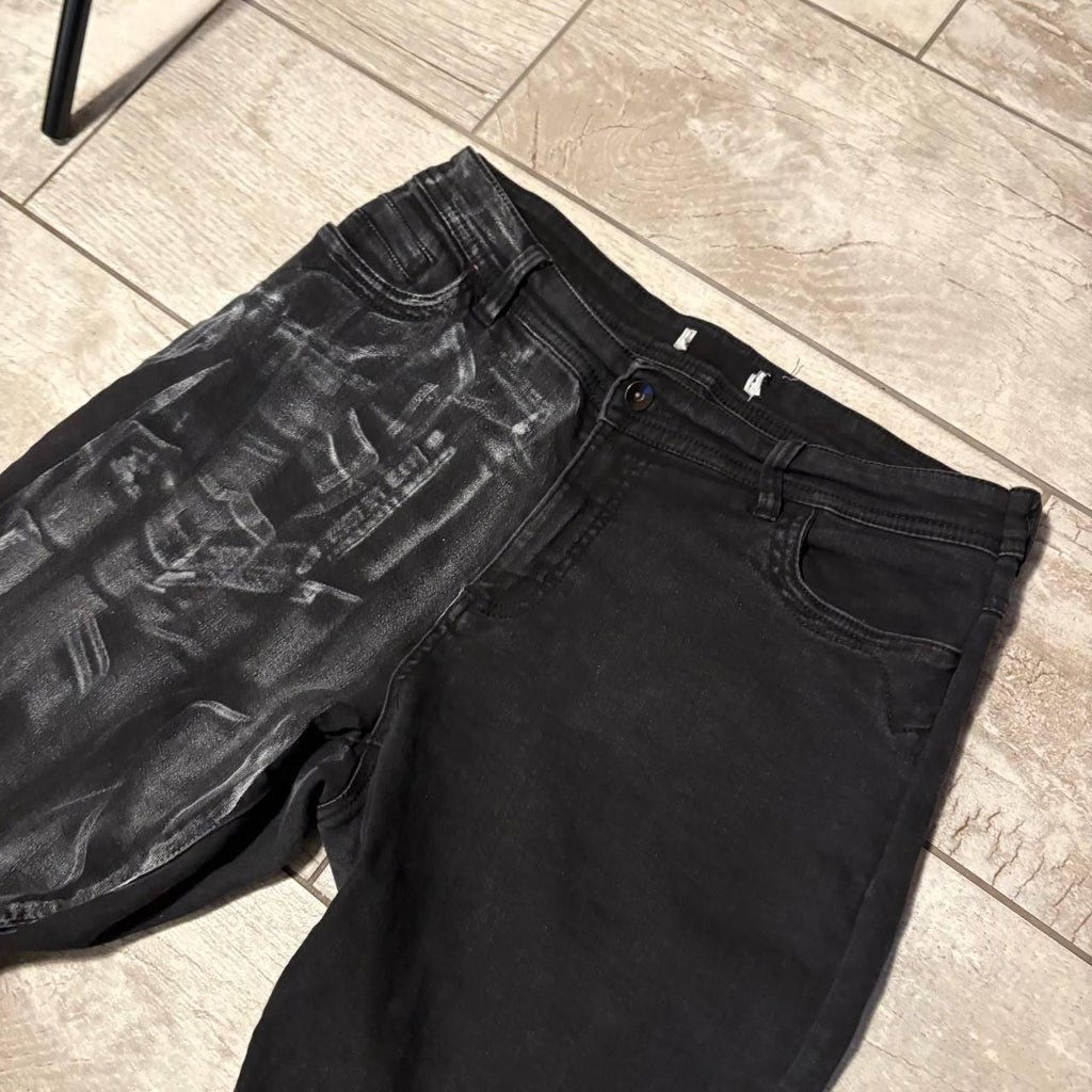 Ręcznie robione woskowane czarne spodnie z szerokimi nogawkami: Gotycki styl Y2K Alt Streetwear