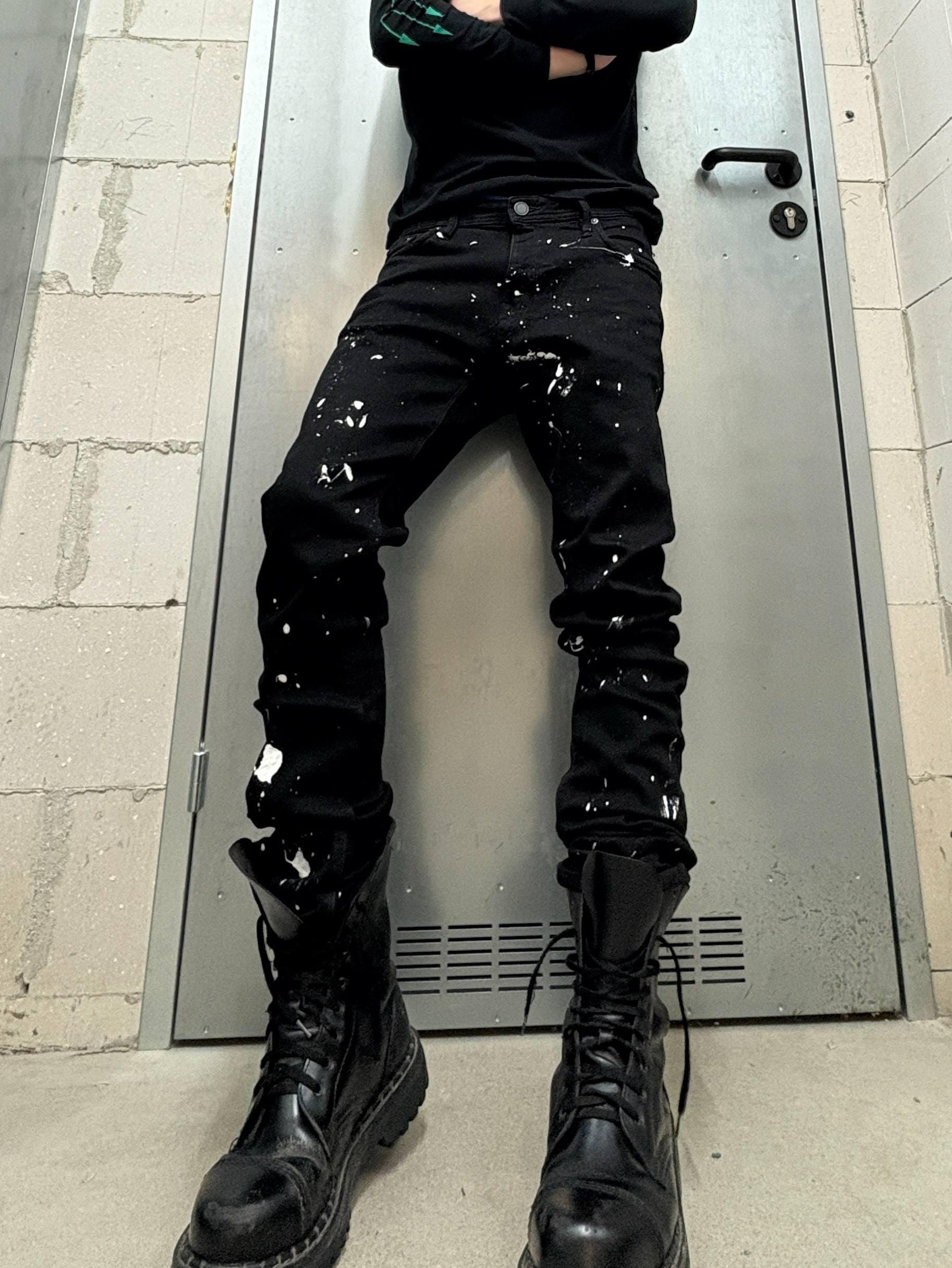 Ręcznie malowane czarne obcisłe spodnie: Gotycki styl Y2K Alt Streetwear