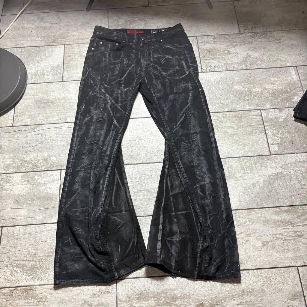 Ręcznie robione czarne, woskowane, rozszerzane jeansy: Y2K Goth Punk Alt Streetwear