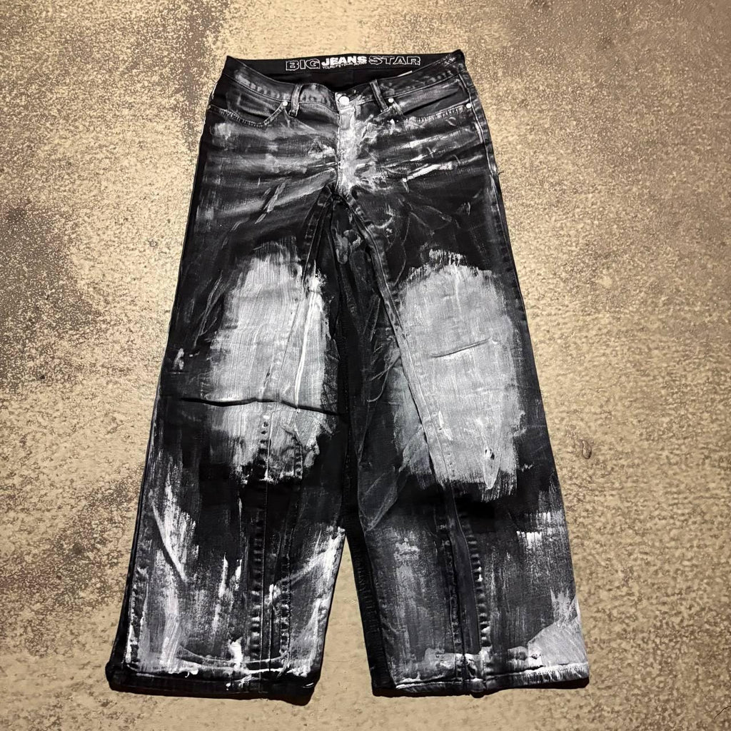 Ręcznie robione czarne, luźne jeansy – Y2K Goth Grunge Alt Streetwear