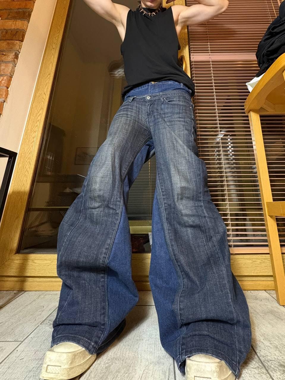 Ręcznie robione niebieskie jeansy z szerokimi nogawkami: Y2K Goth Punk Alt Streetwear