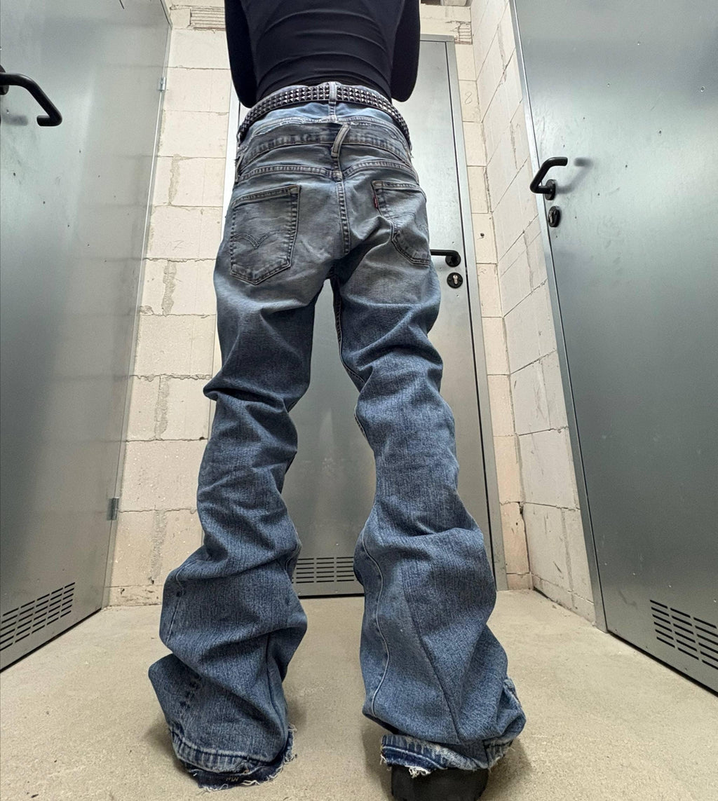 Ręcznie robione niebieskie jeansy z szerokimi nogawkami: Y2K Goth Punk Alt Streetwear