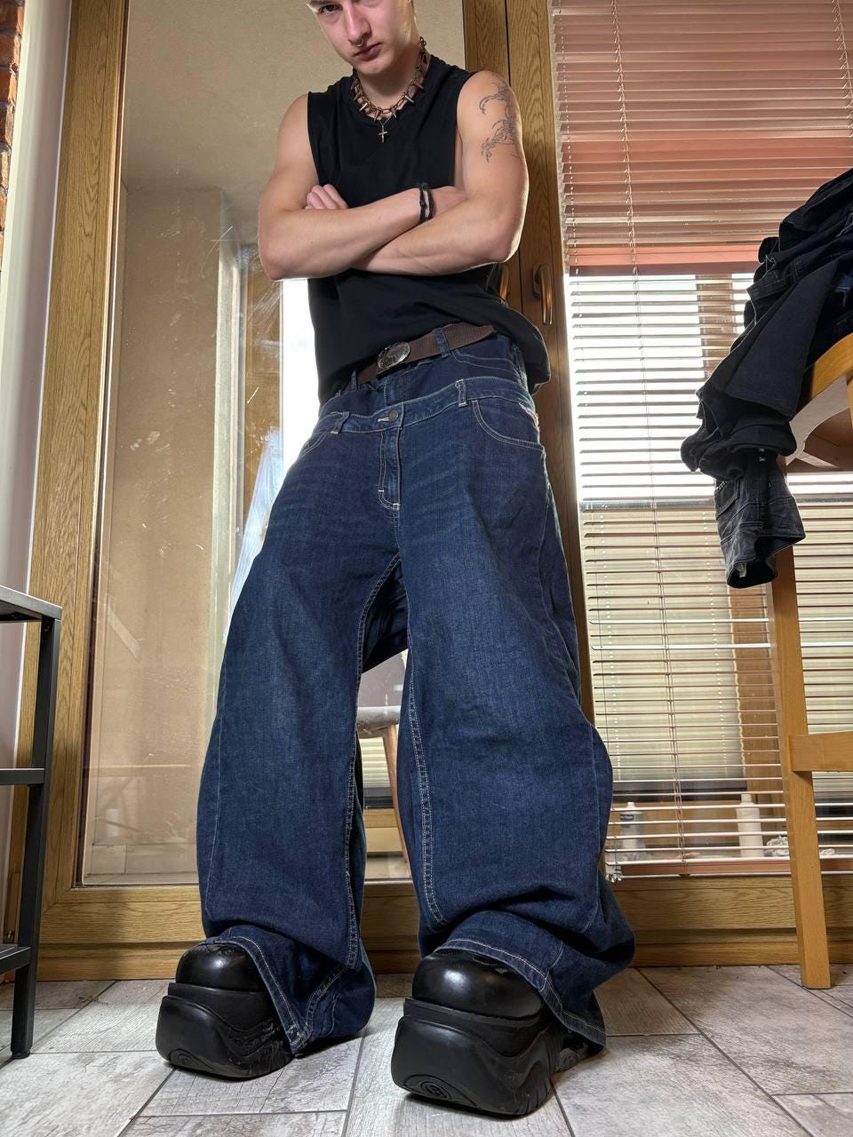 Ręcznie robione jeansy z szerokimi nogawkami: Y2K Goth Grunge Alt Streetwear