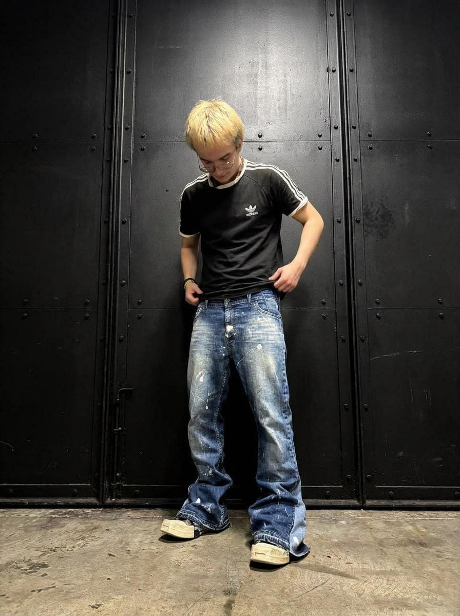 Jasnoniebieskie, spersonalizowane spodnie z szerokimi nogawkami: ręcznie robiony denim w stylu grunge