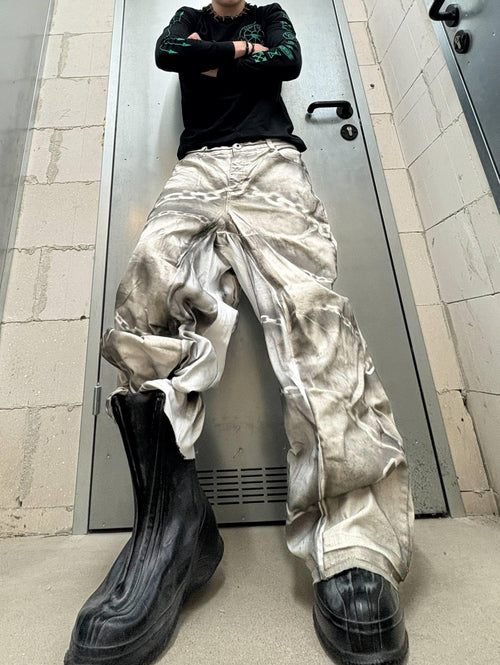 Białe, szerokie jeansy z nadrukiem: Y2K Goth Grunge Streetwear