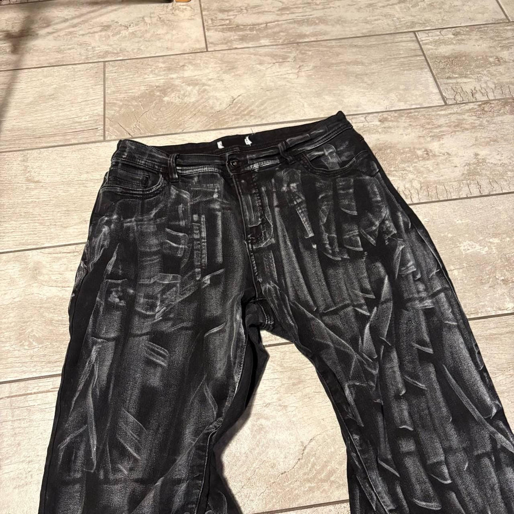 Spodnie z szerokimi nogawkami w kolorze czarnym, woskowanym – ręcznie robione, w stylu grunge Y2K, luźne, rozkloszowane dżinsy, alternatywa dla streetwearu