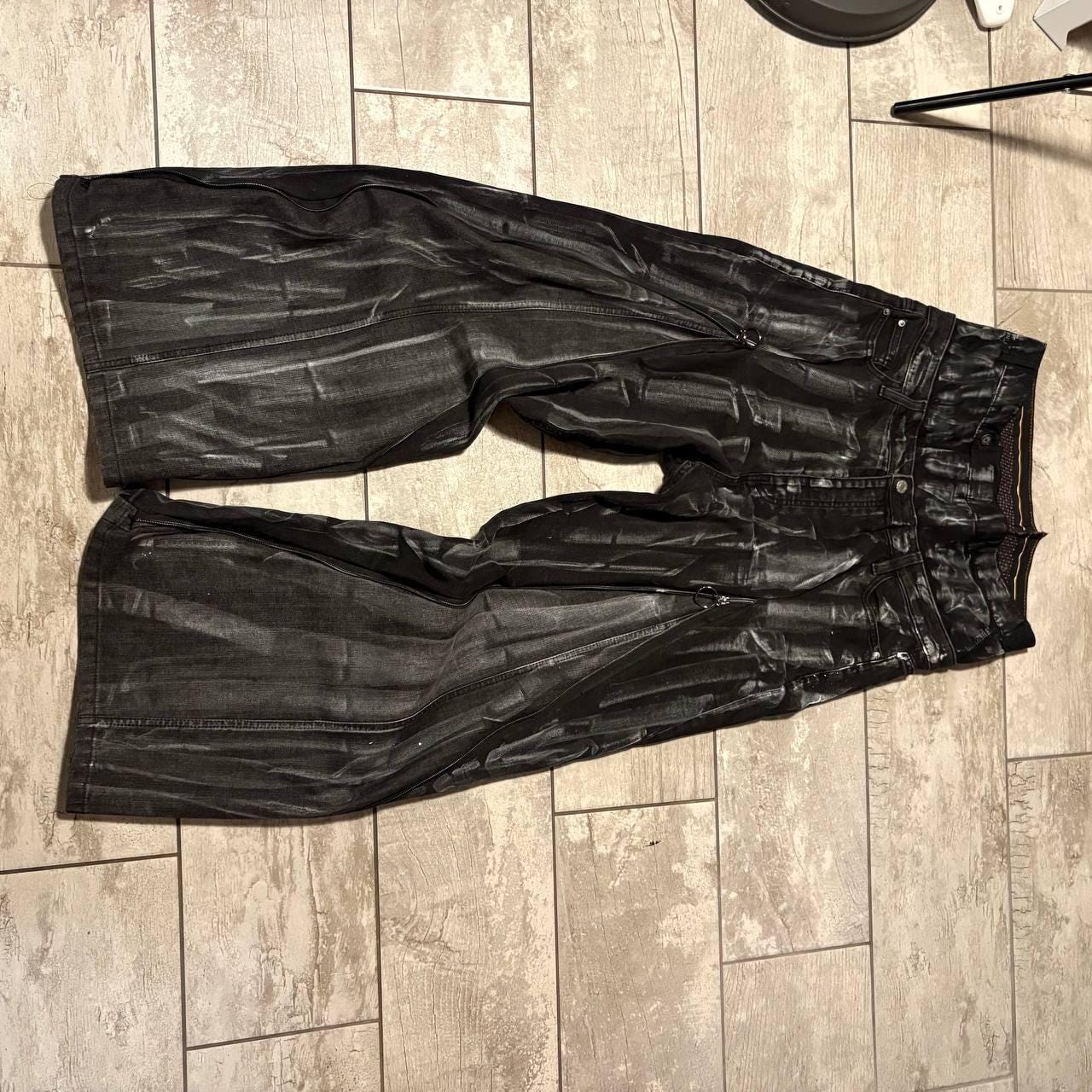 Ręcznie robione czarne spodnie baggy: Punk Goth Cyber Y2K z podwójnym paskiem