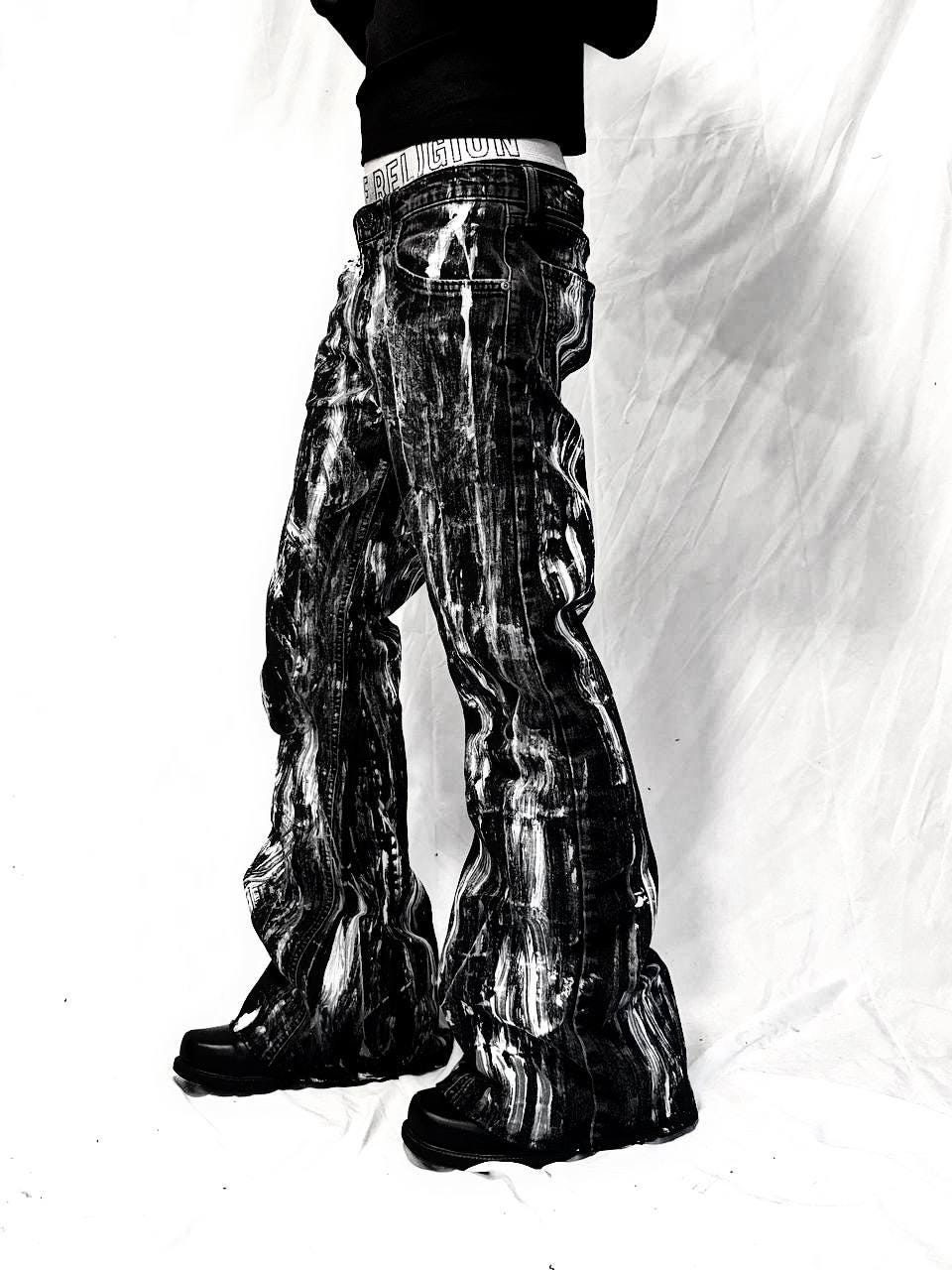 Malowane ręcznie czarne jeansy z szerokimi nogawkami – spodnie baggy streetwear w stylu grunge punk goth