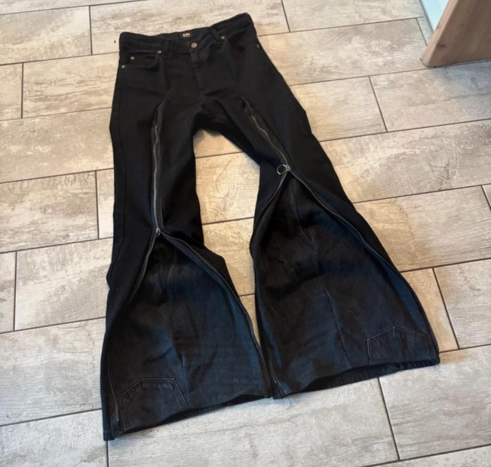 Ręcznie robione czarne spodnie z szerokimi nogawkami i suwakiem: Goth Punk Y2K Streetwear