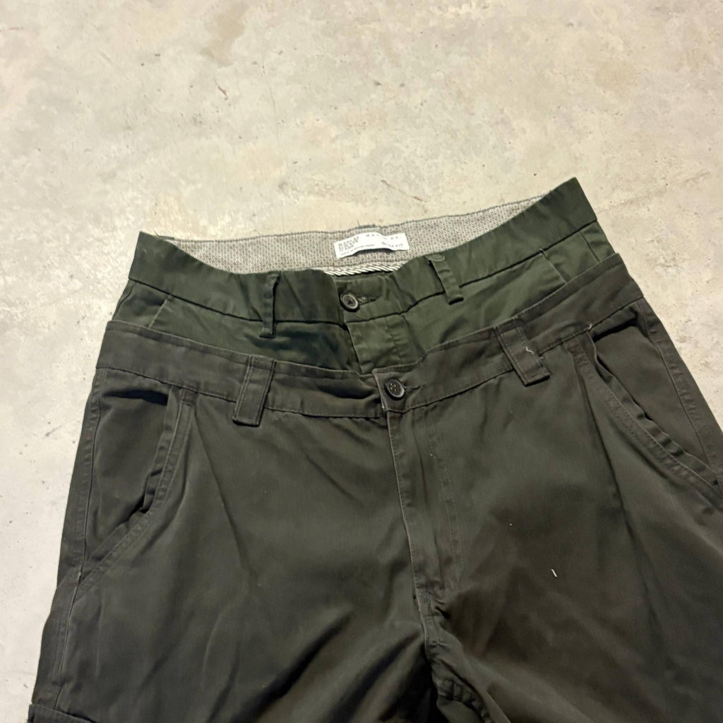 Ciemnozielone szerokie spodnie cargo z podwójnym stanem – ręcznie robione, workowate, Y2K Techwear