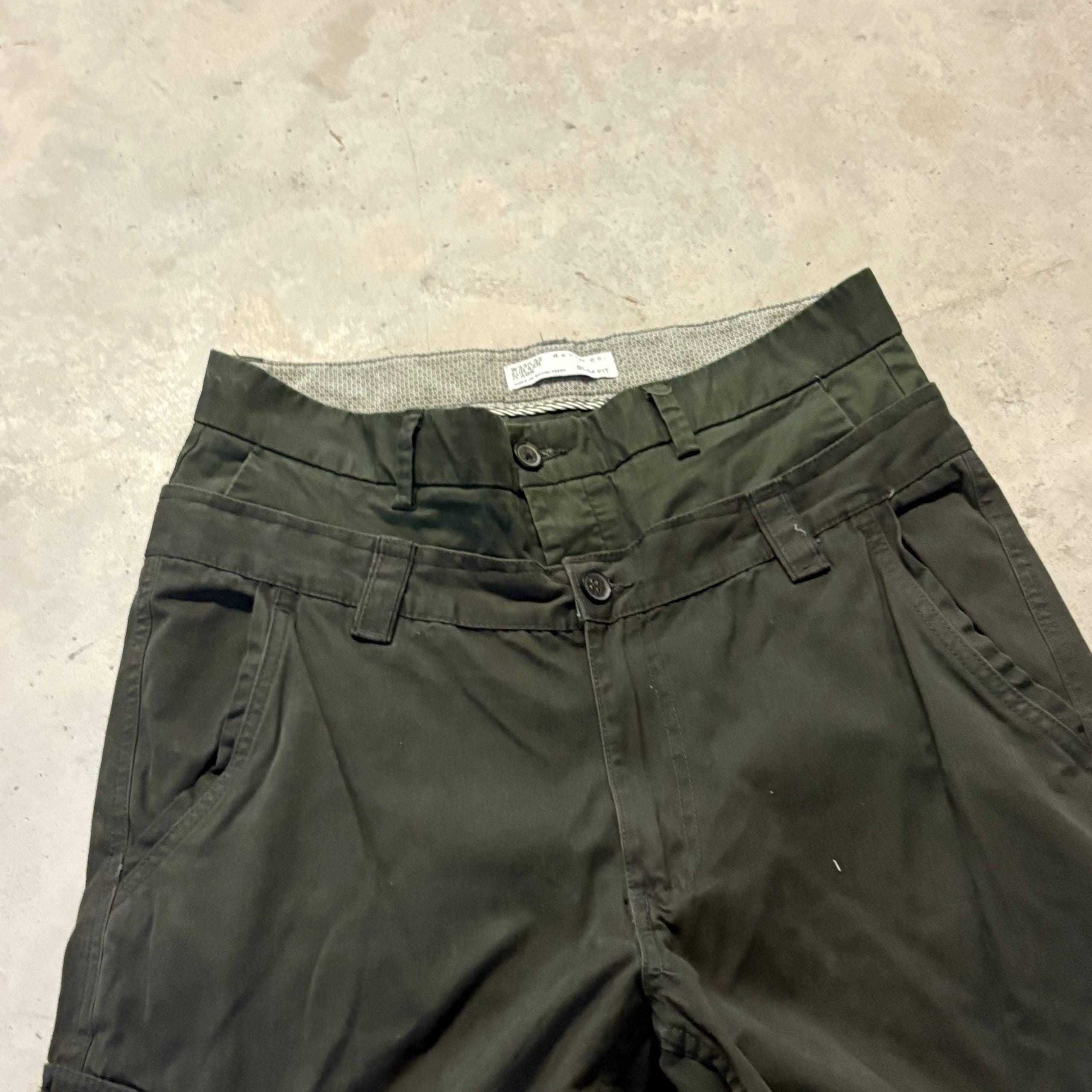 Ciemnozielone szerokie spodnie cargo z podwójnym stanem – ręcznie robione, workowate, Y2K Techwear