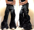 Znoszone, szerokie dżinsy gotyckie: ręcznie robione, czarne, rozszerzane spodnie punkowe