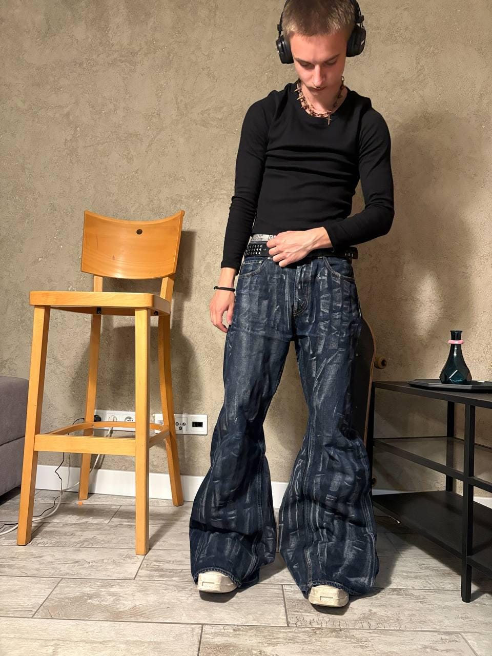 Ręcznie robione granatowe woskowane spodnie z szerokimi nogawkami – spodnie w stylu grunge gotycki punk baggy flared streetwear z roku 2000